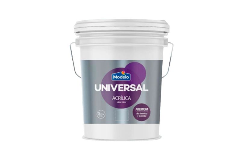 Pintura acrílica universal cubeta blanco mate Superior Modelo, envase plástico blanco con asa metálica y etiqueta morada