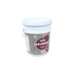 Pintura acrílica universal Modelo cubeta blanco mate superior, vista lateral del envase con etiqueta gris y morada