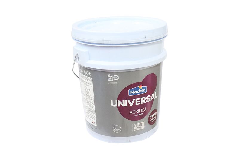 Pintura acrílica universal Modelo cubeta blanco mate superior, vista lateral del envase con etiqueta gris y morada