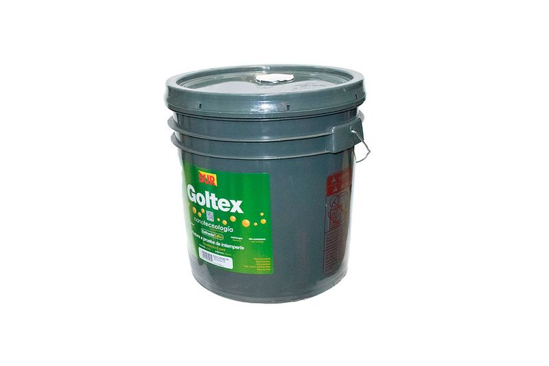 Base látex Goltex 1100 Sur cubeta media satinado superior, vista lateral del envase gris con etiqueta verde y amarilla