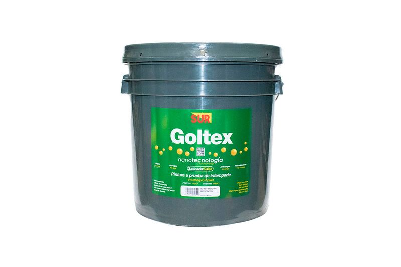 Base látex Goltex 1100 Sur cubeta media satinado superior Sur, vista frontal del envase plástico gris con etiqueta verde