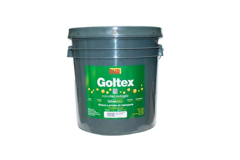 Base látex Goltex 1100 Sur cubeta transparente satinado superior Sur, vista frontal de la cubeta plástica gris con etiqueta