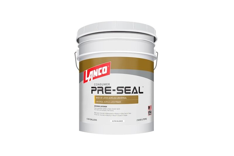 Sellador para concreto Pre Seal Ultra blanco mate Lanco cubeta, vista frontal del envase con etiqueta blanca y amarilla