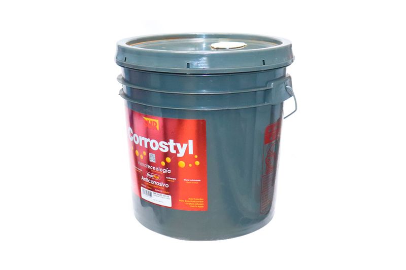 Anticorrosivo Corrostyl látex Sur cubeta rojo óxido mate superior, vista frontal del envase plástico con asa metálica
