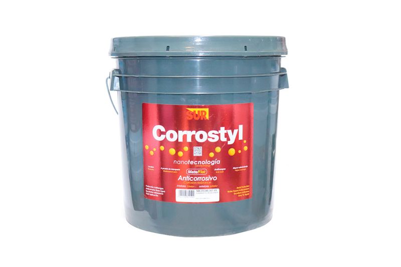 Anticorrosivo Corrostyl látex Sur cubeta rojo óxido mate superior, envase plástico gris con etiqueta roja y amarilla