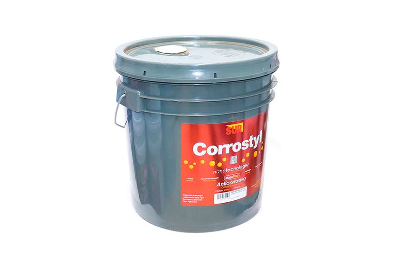 Anticorrosivo Corrostyl látex Sur cubeta rojo óxido mate superior, vista frontal de la cubeta plástica con asa metálica