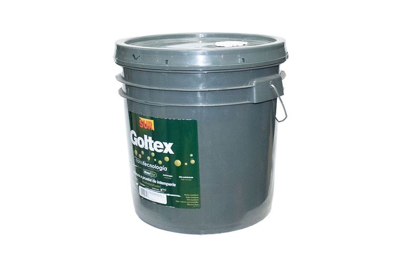 Base látex Goltex 1000 Sur cubeta deep mate superior, vista frontal de la cubeta plástica gris con etiqueta verde