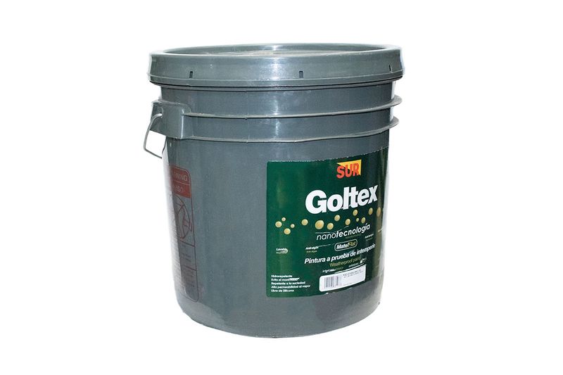 Base látex Goltex 1000 Sur cubeta deep mate superior, vista frontal de la cubeta plástica gris con etiqueta verde