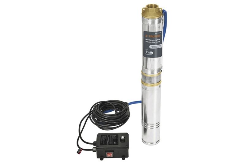Bomba sumergible para agua limpia tipo bala 110 V Truper de 1-1/2 HP, cuerpo metálico con cable y tablero de control