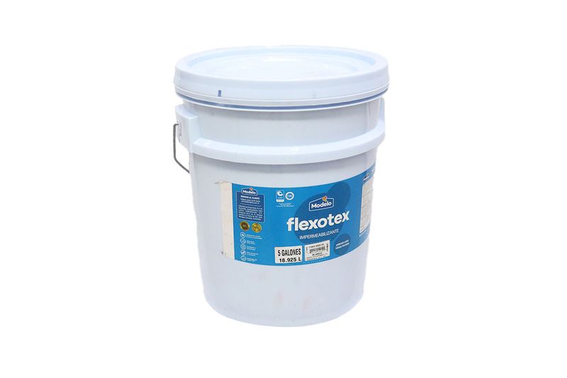 Impermeabilizante para techo Flexotec blanco mate Modelo en cubeta, vista frontal con etiqueta azul y asa metálica