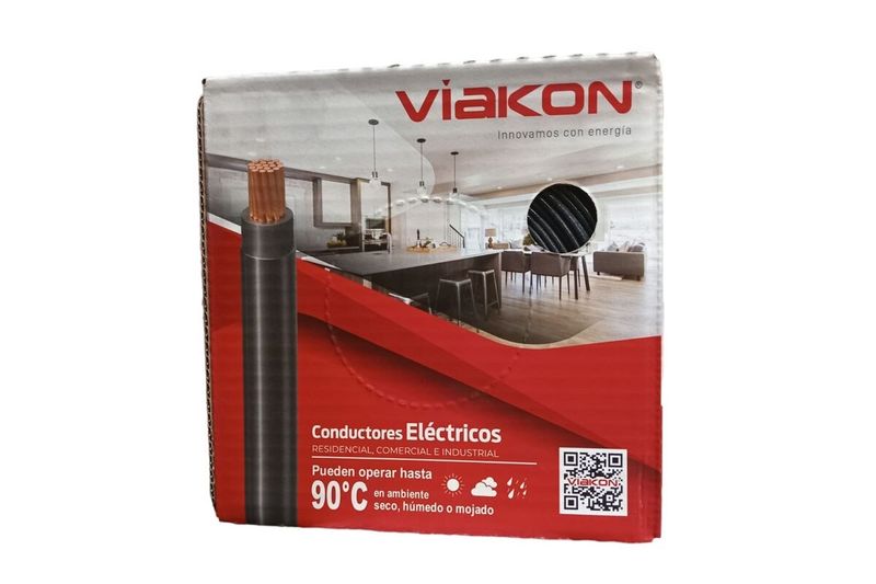 Cable THHN caja Viakon de 12 negro, empaque de cartón con ilustración del cable y ambiente residencial