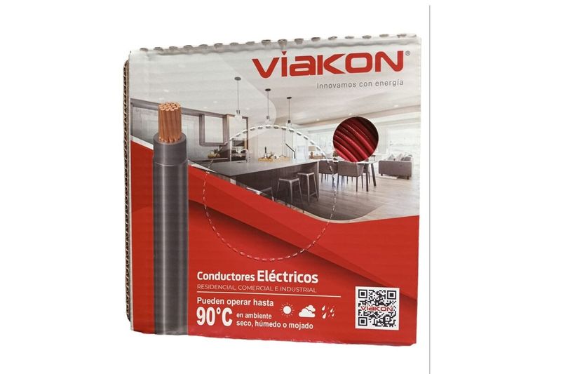 Cable THHN caja Viakon de 12 rojo, empaque de cartón con ilustración del conductor y ambiente residencial