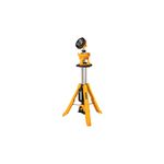 Lámpara trípode 20 V IP54 6 Ah 3000 lúmenes DeWALT, vista frontal completa en color amarillo y negro con soporte extendido