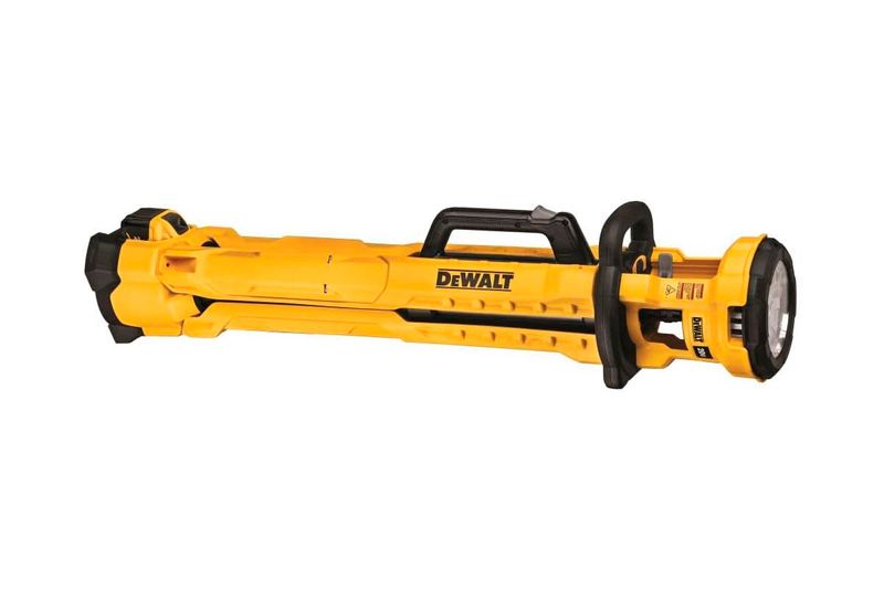 Lámpara trípode 20 V IP54 6 Ah 3000 lúmenes DeWALT, vista lateral del equipo plegado en color amarillo y negro