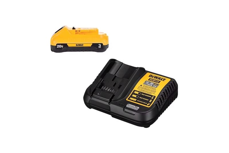 Juego cargador con batería DeWALT de 20 V Max XR y 3 Ah, cargador negro y batería amarilla vistos desde ángulo superior