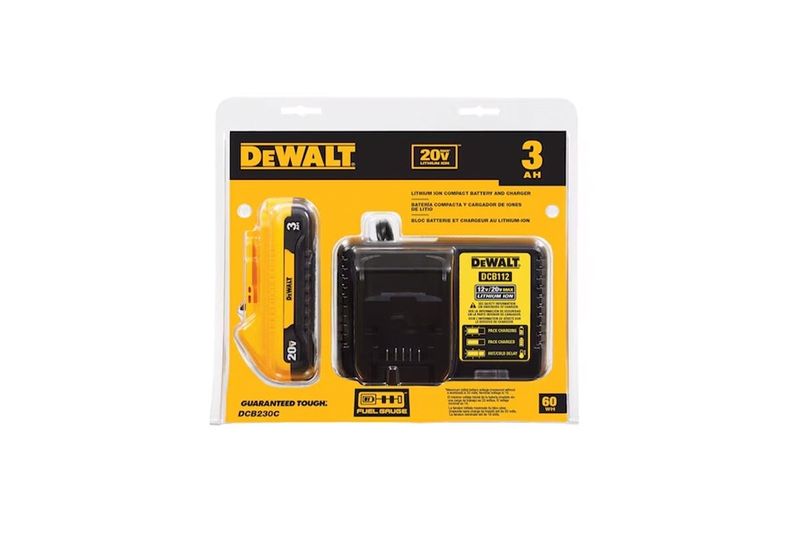 Juego cargador con batería 20V Max XR 3Ah DeWALT, producto en empaque blister con batería amarilla y cargador negro