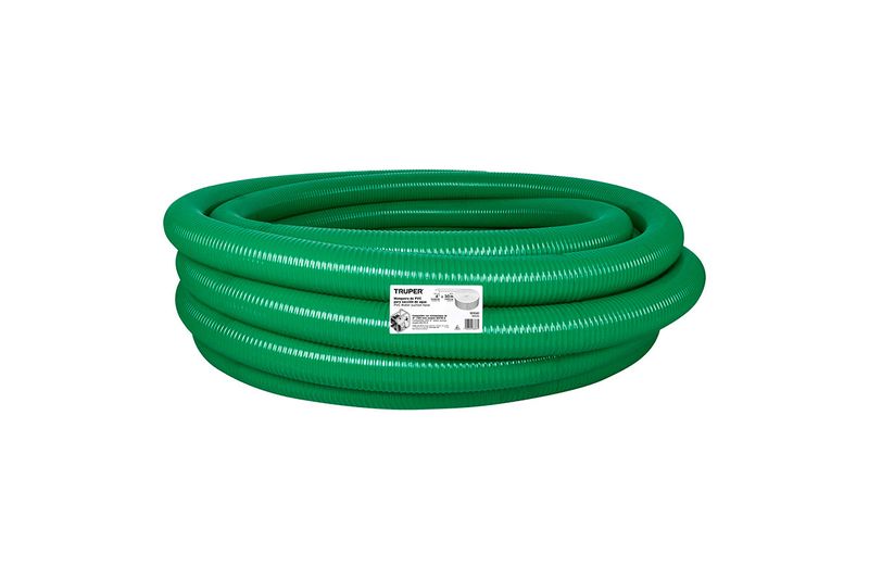 Manguera de succión para motobomba rígida de 4 pulgadas Truper, enrollada en color verde con etiqueta blanca central
