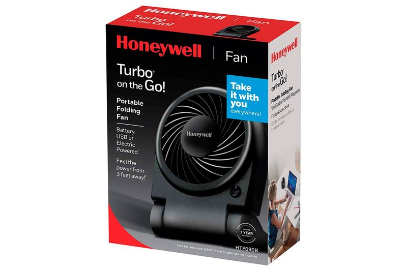 Abanico portátil Turbo-on-the-go USB y/o baterías AA Honeywell, empaque rojo y negro con ilustración del equipo
