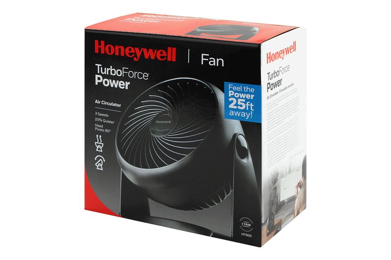Abanico de mesa Turbo Force 3 velocidades negro Honeywell, en su caja con ilustración del producto y detalles técnicos