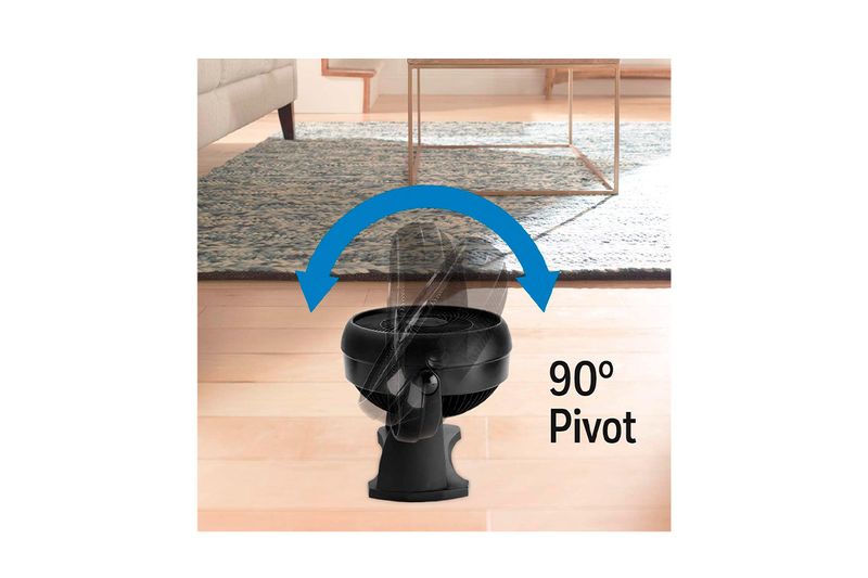 Abanico de mesa Turbo Force 3 velocidades negro Honeywell, gráfico con flecha azul indicando pivote de 90 grados