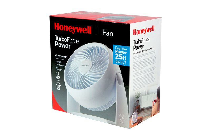 Abanico de mesa Turbo Force 3 velocidades blanco Honeywell mod. HT904V3, en su caja con ilustración del equipo