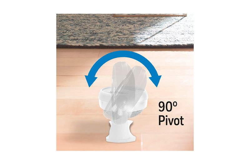 Abanico de mesa Turbo Force 3 velocidades blanco Honeywell, gráfico que muestra el movimiento de pivote de 90 grados