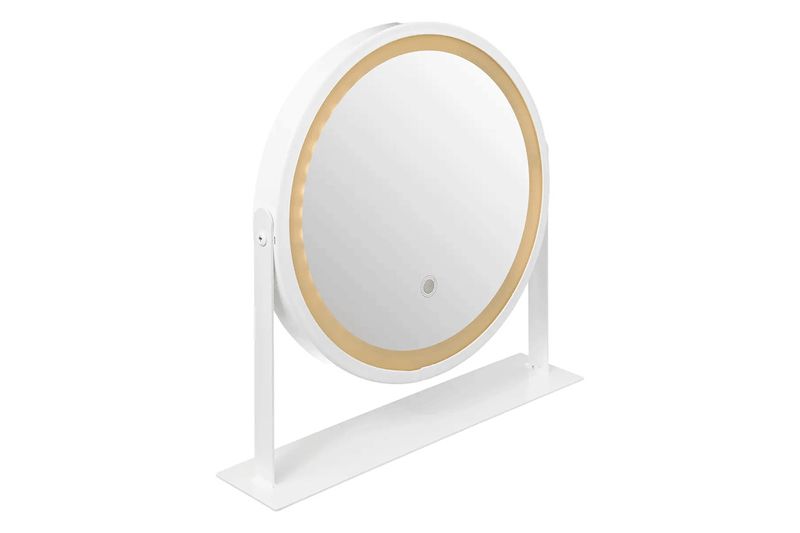 Espejo giratorio con luz LED 35 cm blanco 5five Simply Smart, vista diagonal con la iluminación LED encendida