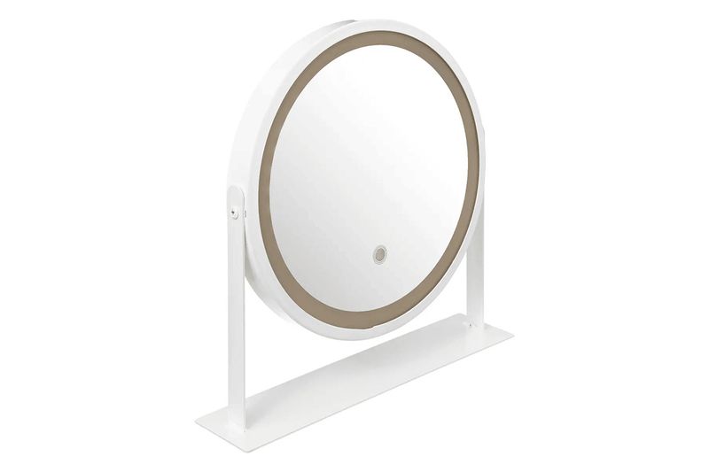 Espejo giratorio con luz LED 35 cm blanco 5five, vista lateral del espejo sobre su base blanca