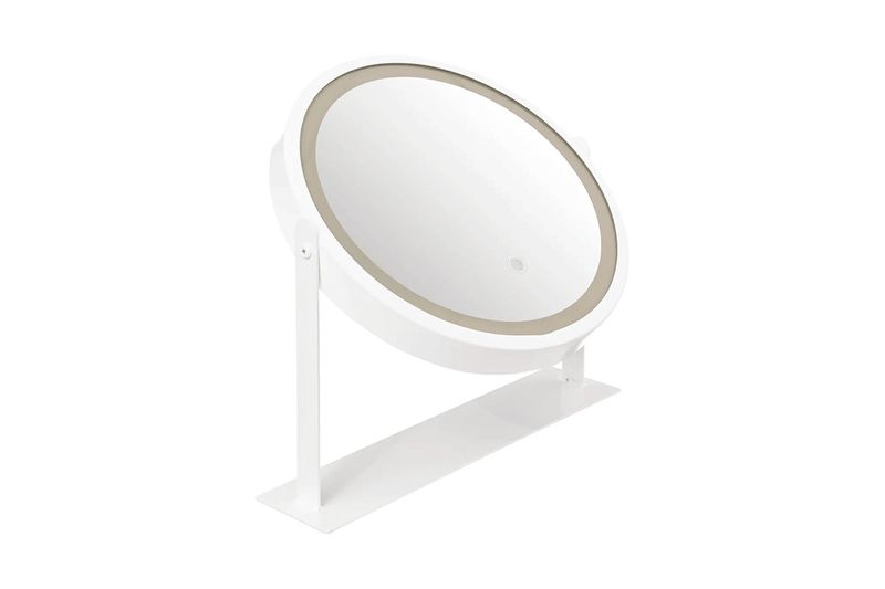 Espejo giratorio con luz LED 35 cm blanco 5five, vista frontal inclinada sobre base rectangular blanca