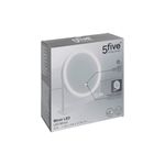 Espejo giratorio con luz LED 35 cm blanco 5five, en su caja blanca con ilustraciones y especificaciones del equipo