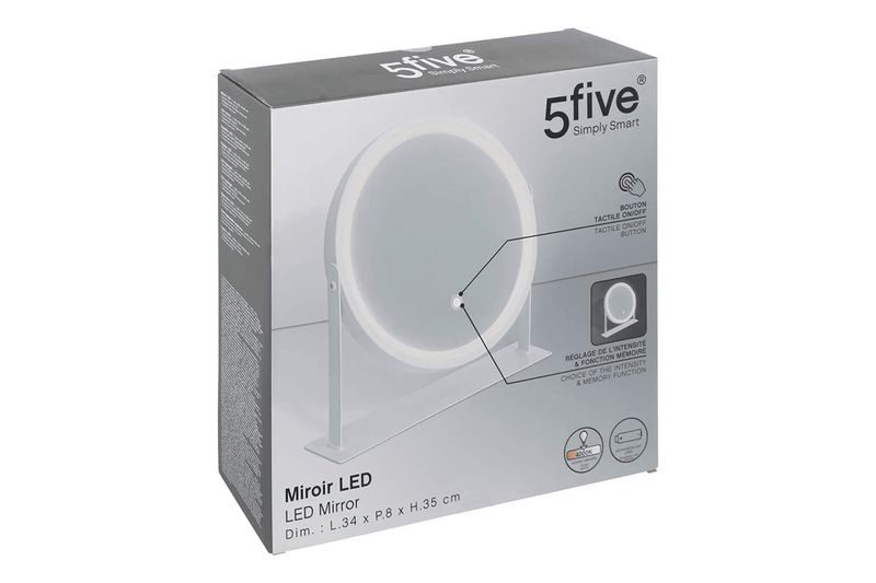 Espejo giratorio con luz LED 35 cm blanco 5five, en su caja blanca con ilustraciones y especificaciones del equipo