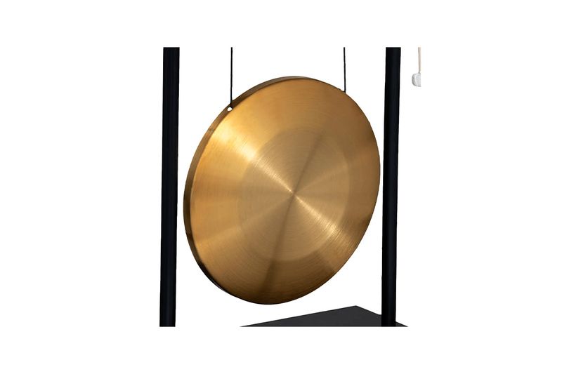 Figura decorativa Gong Toa 48x70 cm Atmosphera, disco dorado suspendido entre dos soportes negros verticales
