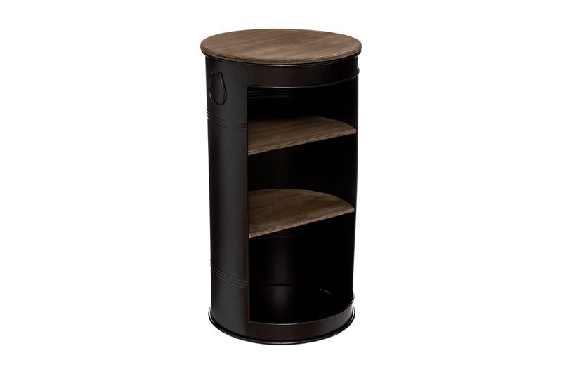 Mesa auxiliar metálica negra 50 cm Atmosphera, vista frontal con estantes internos de madera y asa lateral