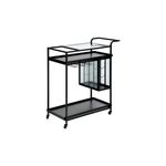 Mesa de servicio metálica negra de 93 cm Atmosphera, vista lateral con repisa superior de vidrio y soporte para copas
