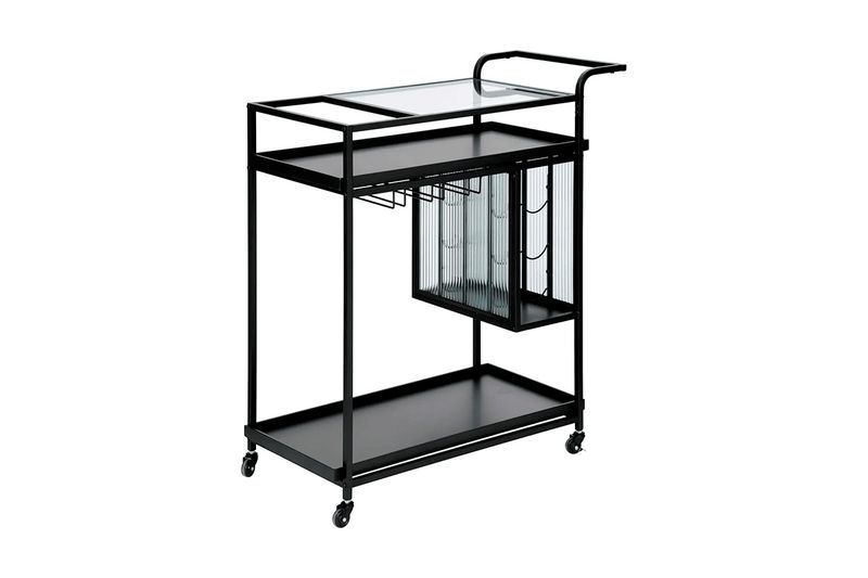 Mesa de servicio metálica negra de 93 cm Atmosphera, vista lateral con repisa superior de vidrio y soporte para copas