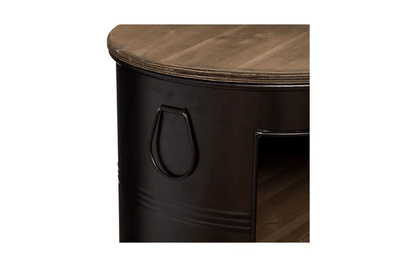 Mesa auxiliar metálica negra de 50 cm Atmosphera, primer plano del detalle del asa lateral y la superficie de madera