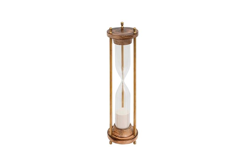 Figura decorativa reloj de arena cristal Sarah 38 cm Atmosphera, vista frontal con estructura dorada y arena blanca