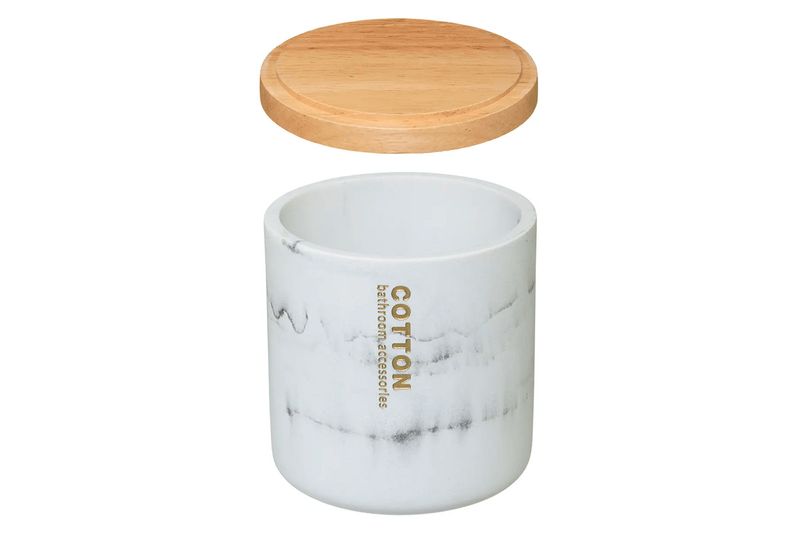 Vaso organizador para tocador Five Simply Smart 5five, recipiente blanco efecto mármol con tapa de madera separada