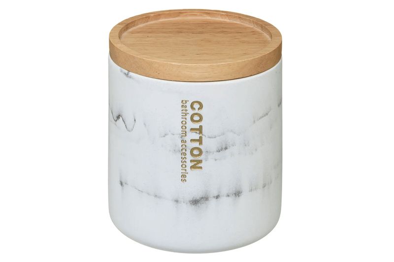 Vaso organizador para tocador Five Simply Smart 5five, cuerpo blanco con efecto mármol y tapa de madera clara