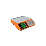 Báscula electrónica Truper de 40 kg, vista diagonal en color naranja con plato de pesaje metálico y teclado numérico