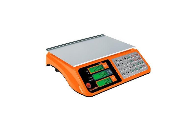 Báscula electrónica Truper de 40 kg, vista diagonal en color naranja con plato de pesaje metálico y teclado numérico