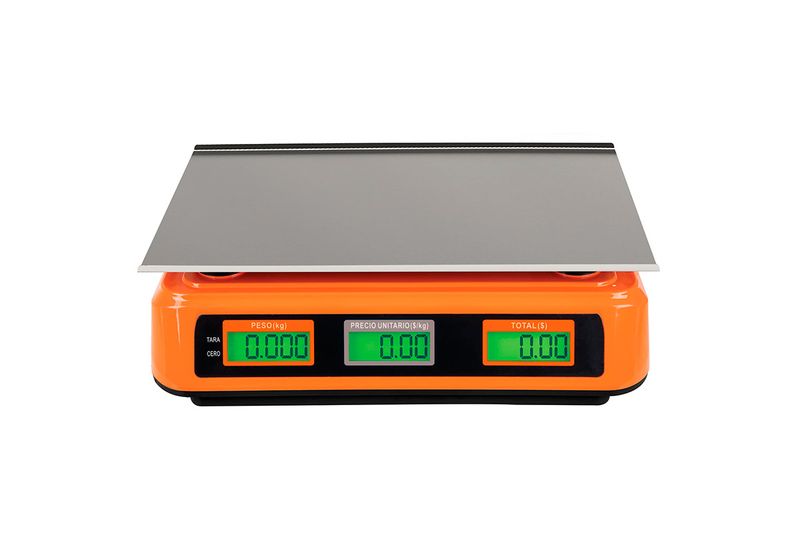 Báscula electrónica de 40 kg Truper, vista frontal del panel de control naranja con pantallas digitales verdes