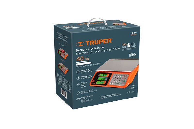 Báscula electrónica 40 kg Truper, vista frontal de la caja con ilustración del producto y especificaciones técnicas
