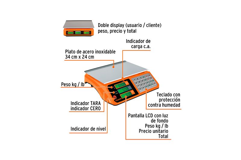 Báscula electrónica de 40 kg Truper, gráfico con indicadores de sus funciones, pantallas LCD y plato de acero inoxidable