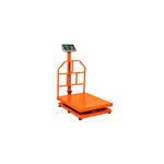 Báscula de plataforma de 500 kg Truper, vista diagonal en color naranja con pantalla digital y estructura de soporte