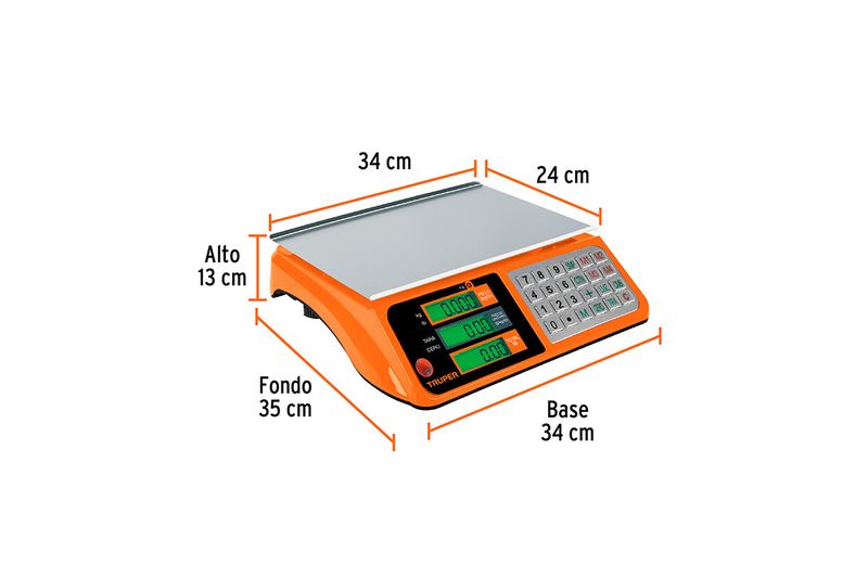 Báscula electrónica de 40 kg Truper, gráfico con dimensiones de alto, base, fondo y superficie de pesaje