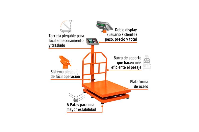 Báscula de plataforma 500 kg Truper, gráfico con indicadores de sus funciones, plataforma de acero y torreta naranja