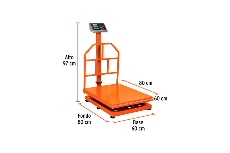 Báscula de plataforma Truper de 500 kg, gráfico con dimensiones de alto 97 cm, base 60 cm y fondo 80 cm