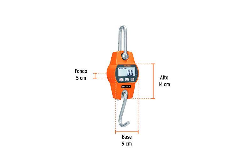 Báscula electrónica colgante de 300 kg Truper, gráfico con dimensiones de fondo 5 cm, alto 14 cm y base 9 cm