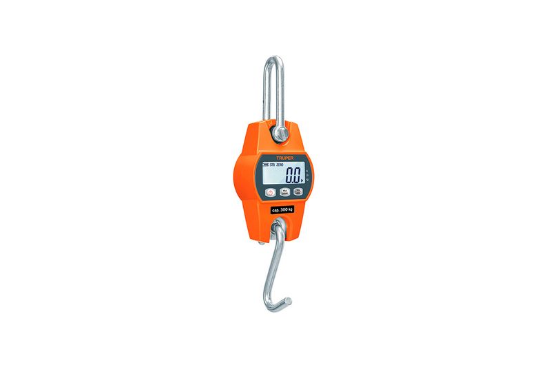 Báscula electrónica colgante de 300 kg Truper, cuerpo color naranja con pantalla digital y ganchos metálicos